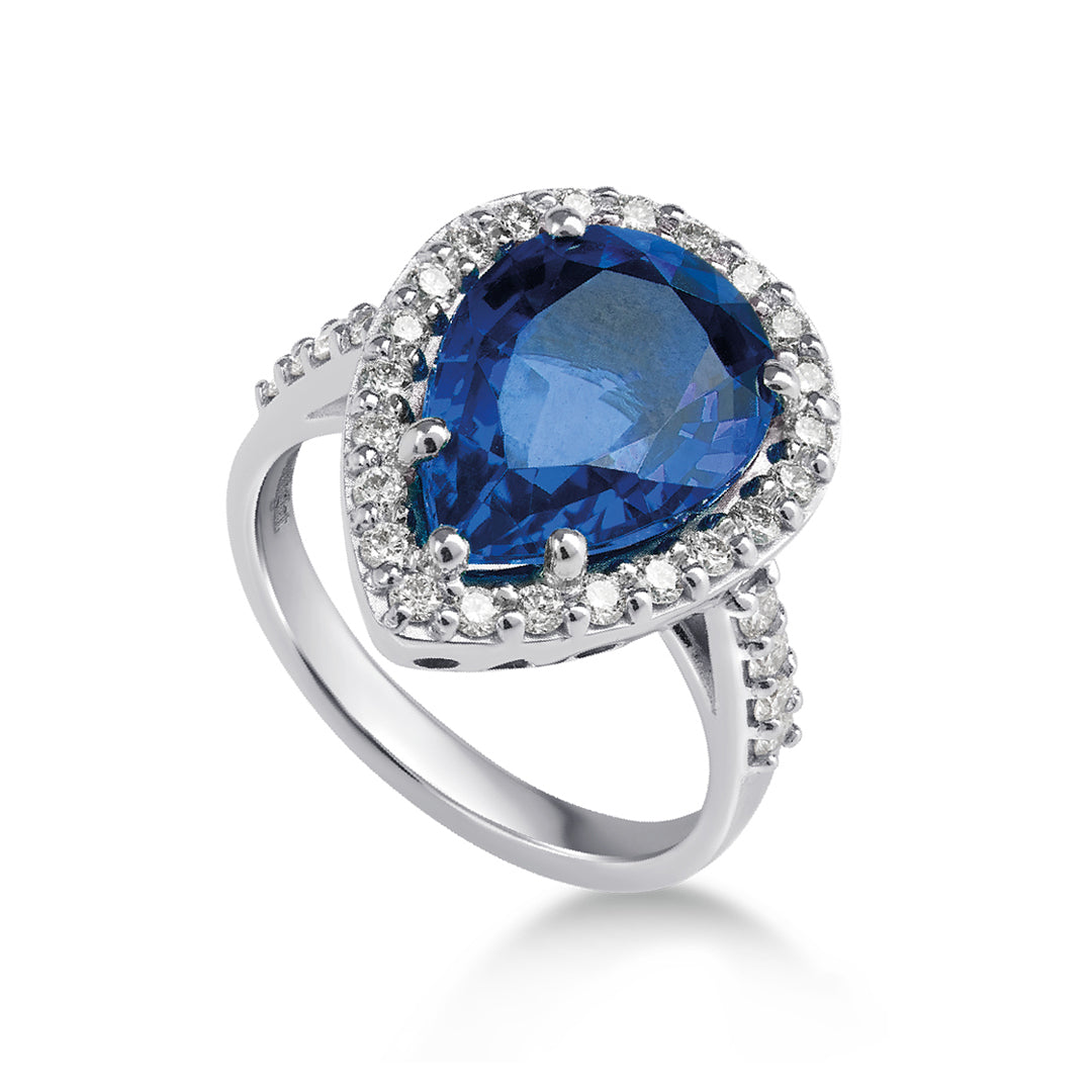 Anello in Oro bianco 18kt con Zaffiro ricreato taglio goccia e Diamanti accresciuti