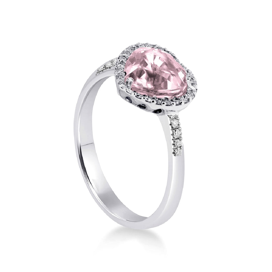 Anello in Oro bianco 18kt con Zaffiro rosa ricreato taglio cuore e Diamanti accresciuti
