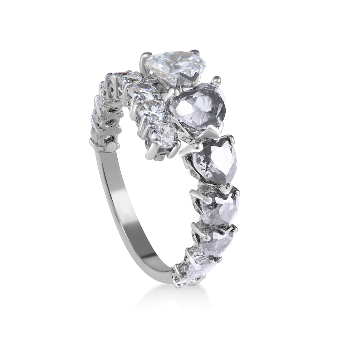 Anello a scalare in Oro bianco 18kt con Diamanti accresciuti taglio cuore e taglio brillante