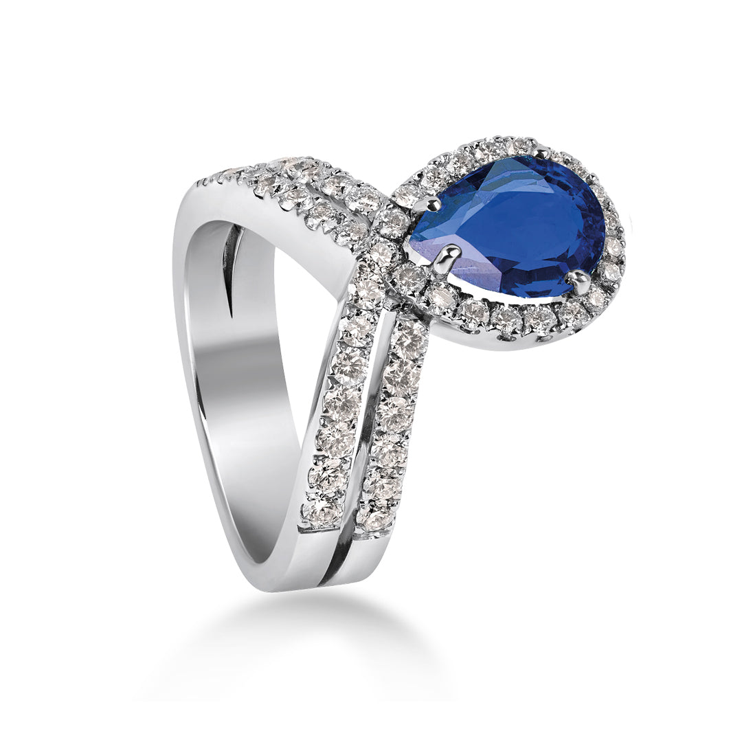 Anello in Oro bianco 18kt con Zaffiro ricreato taglio goccia e Diamanti accresciuti